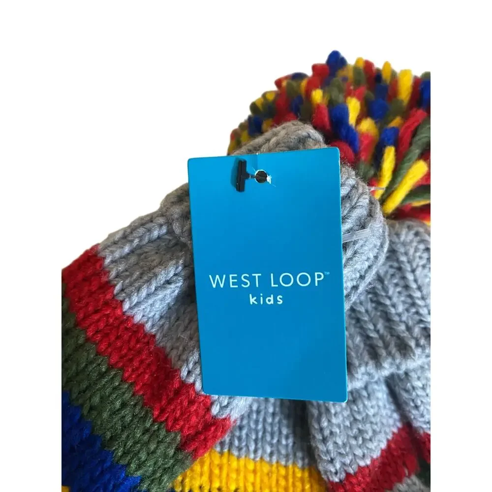 West Loop Kids Winter Hat Glove Set OS Gray Blue Red Mittens Pompom Beanie NEW